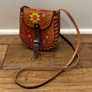 Small Handmade Leather Purse with Floral Pattern and Buckle Closure